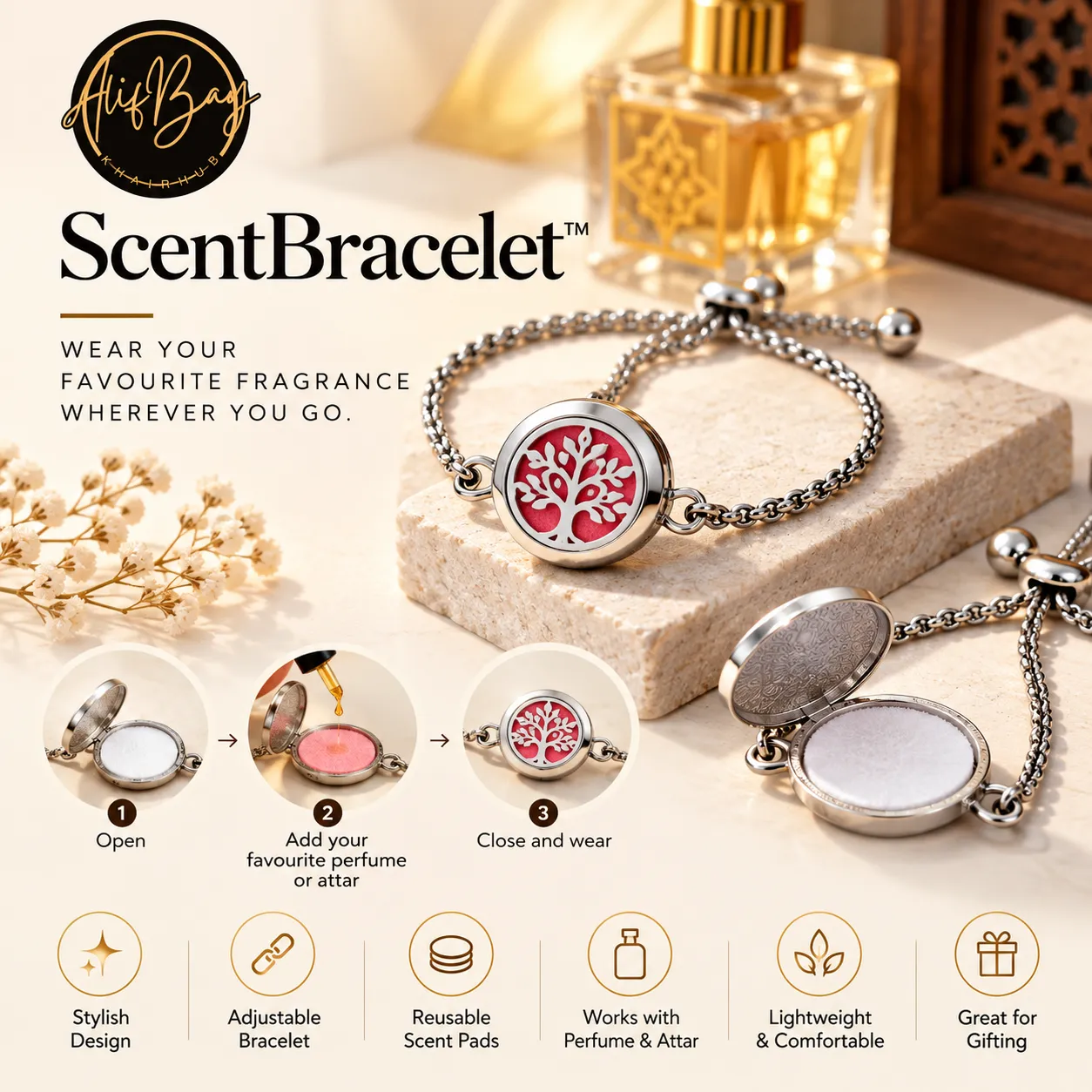 AlifBay ScentBracelet™ – Refillable Perfume Diffuser Bracelet